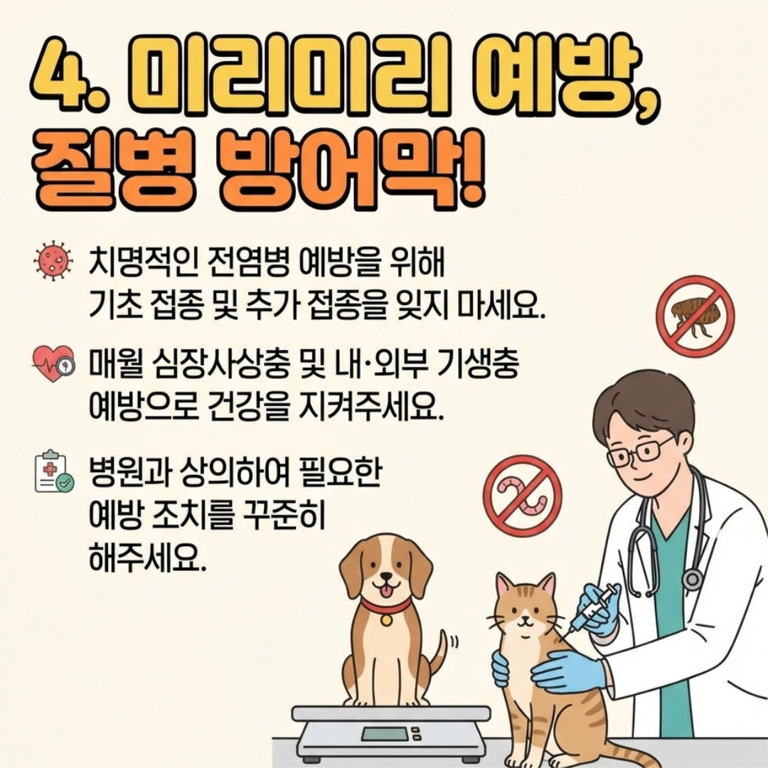 미리미리 예방, 질병 방어막!
치명적인 전염병 예방을 위해 기초 접종 및 추가 접종을 잊지 마세요.
매월 심장사상충 및 내·외부 기생충 예방으로 건강을 지켜주세요.
병원과 상의하여 필요한 예방 조치를 꾸준히 해주세요
